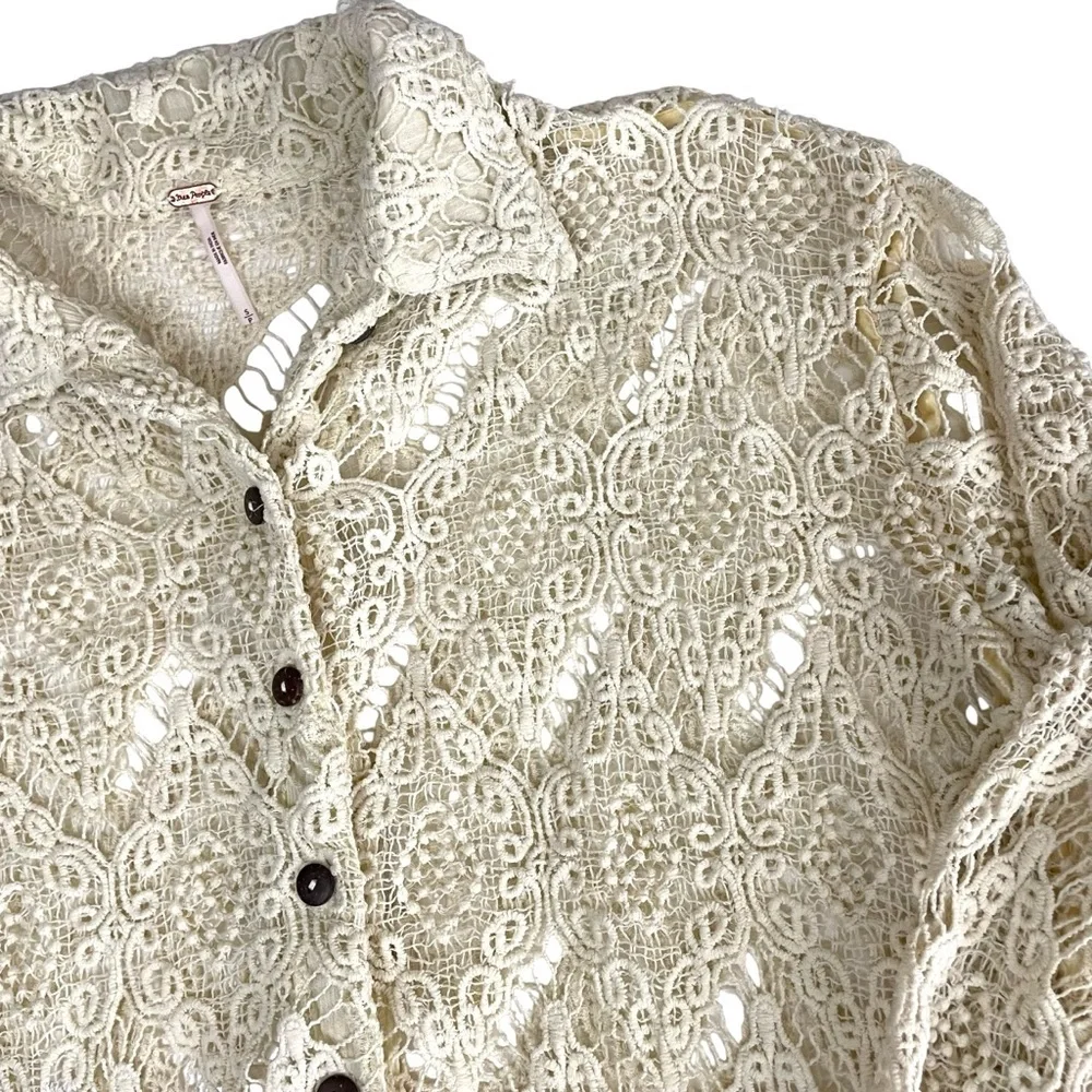 Free‎ People Until Sundown Shirt Crochet Lace Neutral Button Down Small